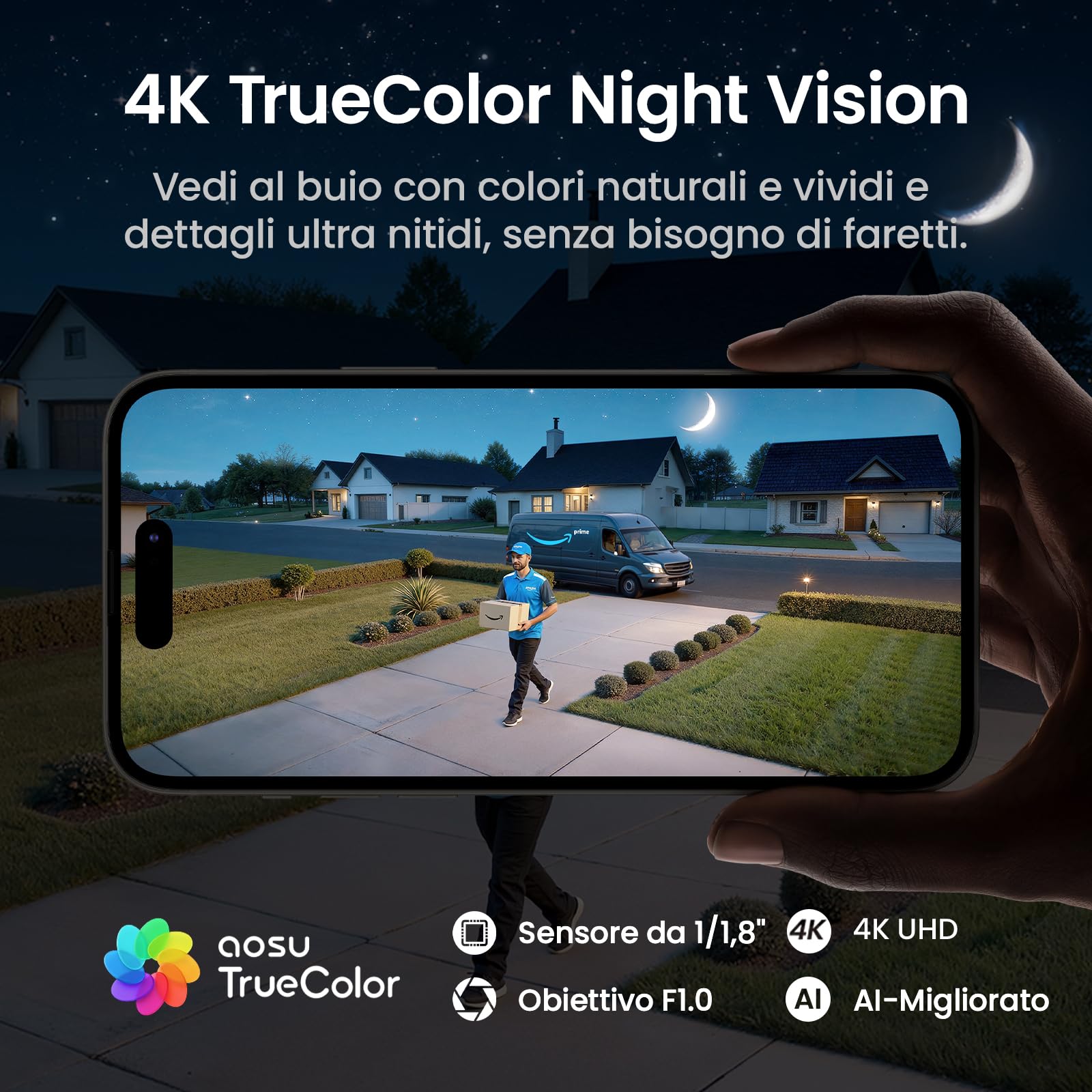 AOSU 4K Telecamera di sorveglianza esterna con solare batteria 10000mAh [TrueColor Visione notturna a colori] Radar con PIR rilevamento preciso 360° esterna con pannello solare removibile luce e suono