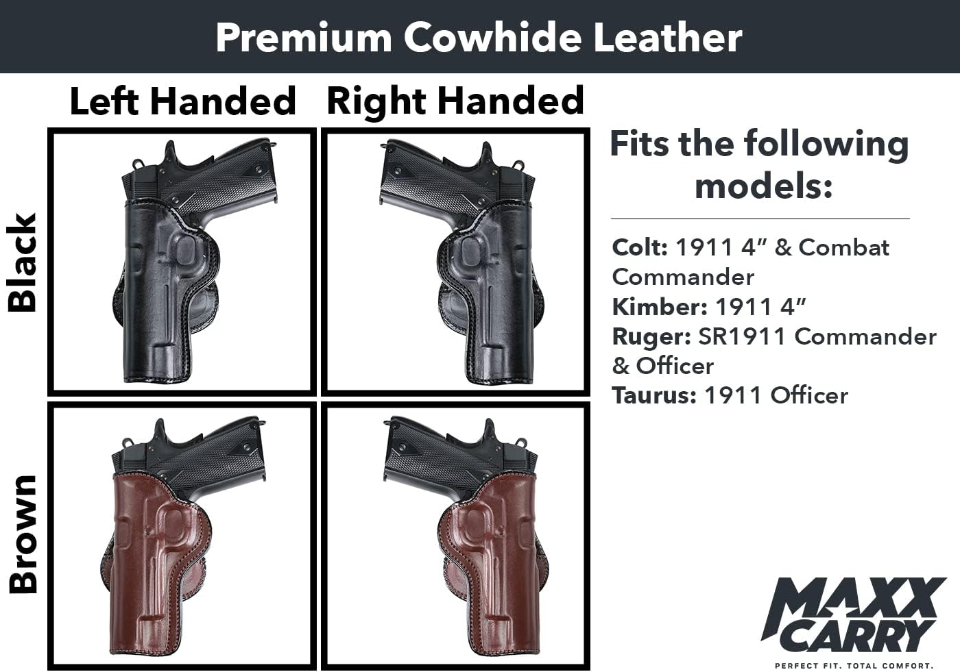 Maxx Carry for Leather Paddle OWB Gun Holster Fits Colt 1911 4 inch, Combat Commander Concealed Carry | Kimber 1911 | Ruger SR1911 Commander or Officer | Taurus 1911 Officer