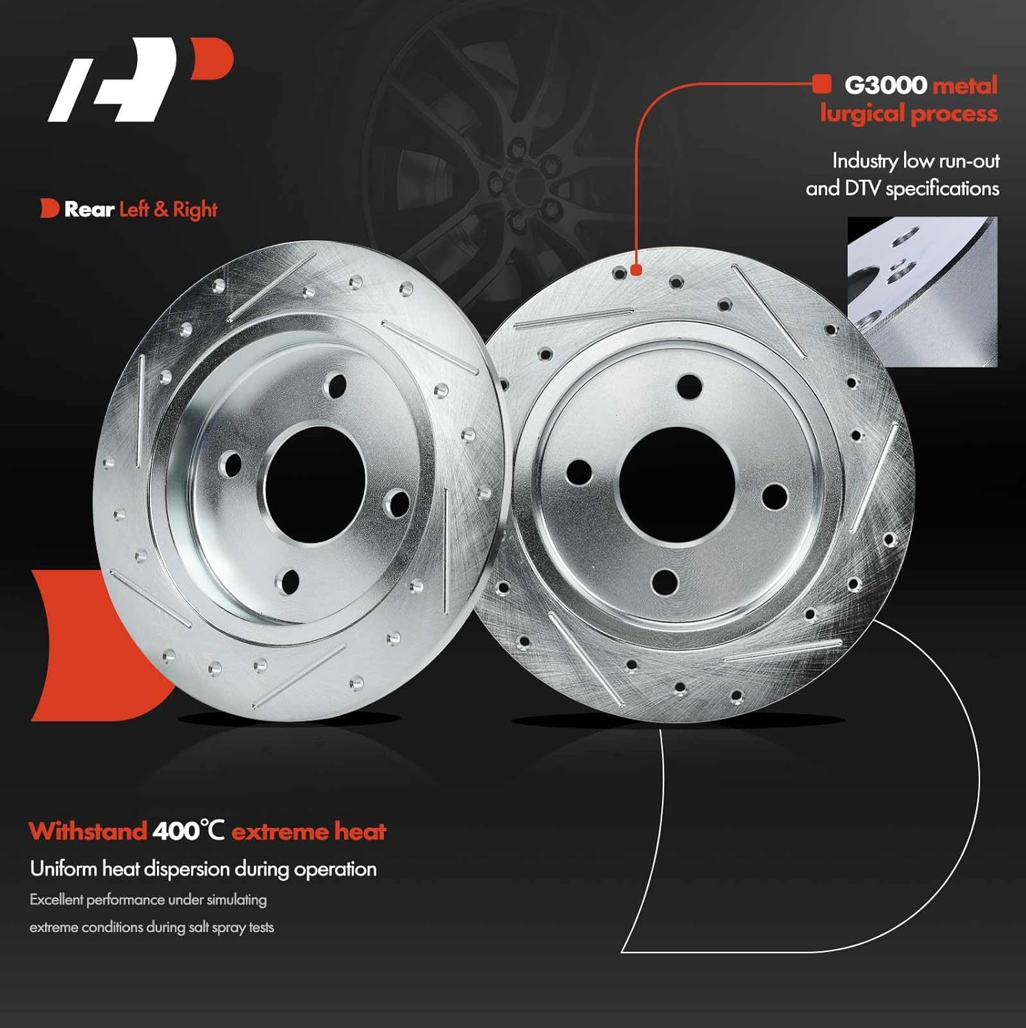 A-Premium 9.97 inch (253mm) Rear Drilled and Slotted Disc Brake Rotors Compatible with Select Ford Models - Focus 2001-2007, Fiesta 2014-2019 1.6L, 2-PC Set