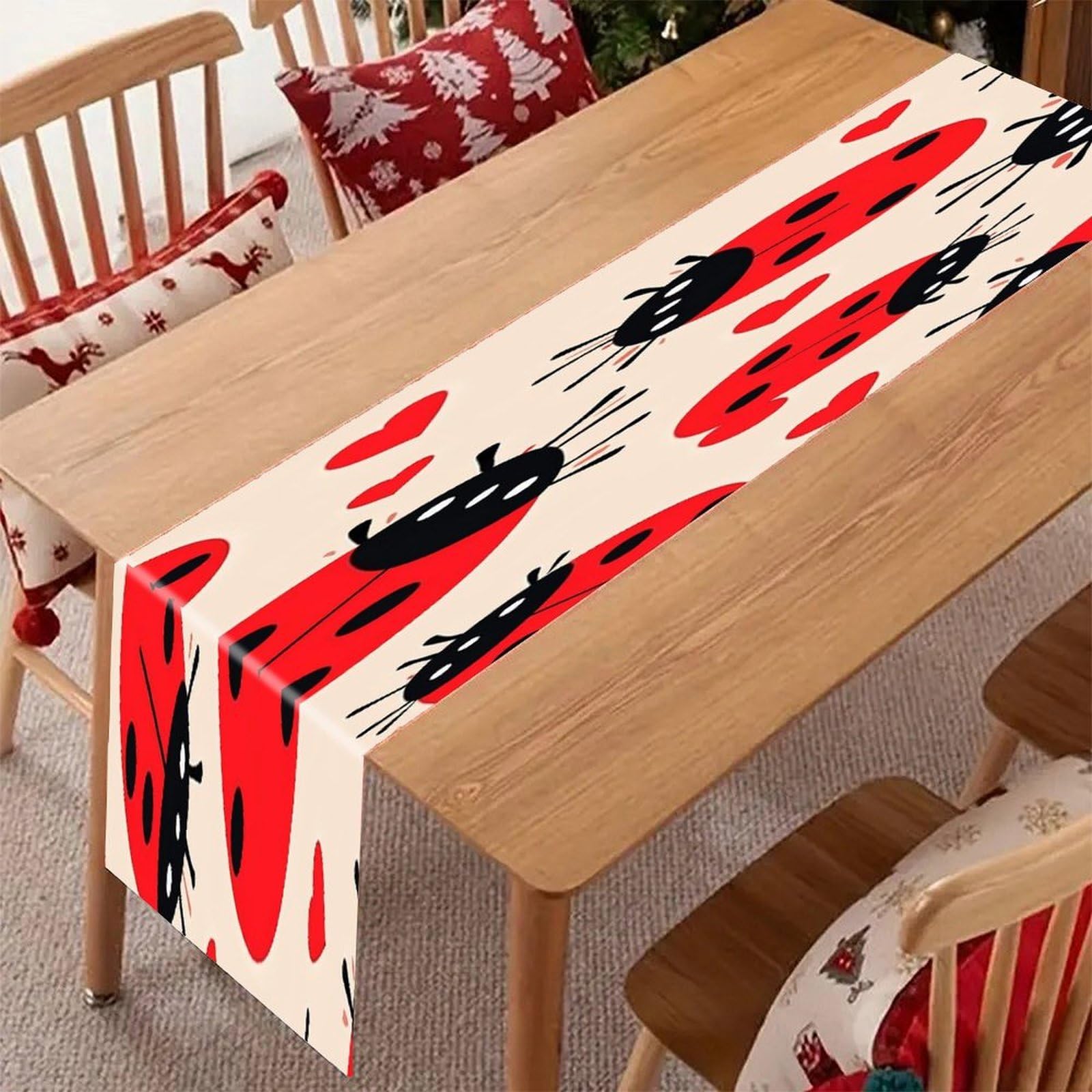 Ladybug Table Runner Modern Art Farmhouse Linen Table Runner Dresser Scarf Seasonal Kitchen Dining Table Decoration Dresser Scarves for Home Party Decor 13x70 Inch