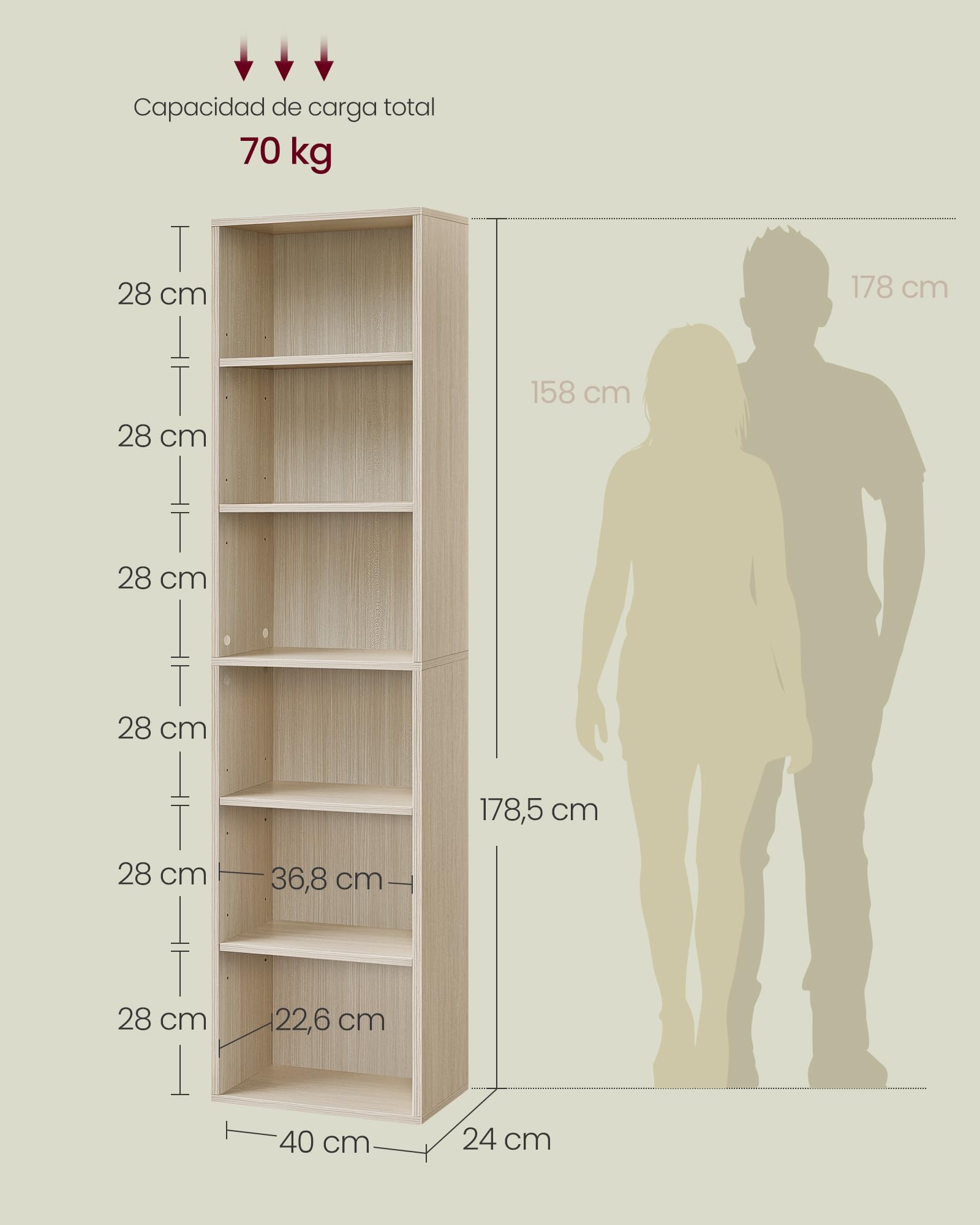 VASAGLE Estantería, Librería de 6 Niveles, Estantería de Almacenamiento Abierto, 24 x 40 x 178,5 cm, para Sala de Estar, Estudio, Comedor, Beige Natural LBC167L01