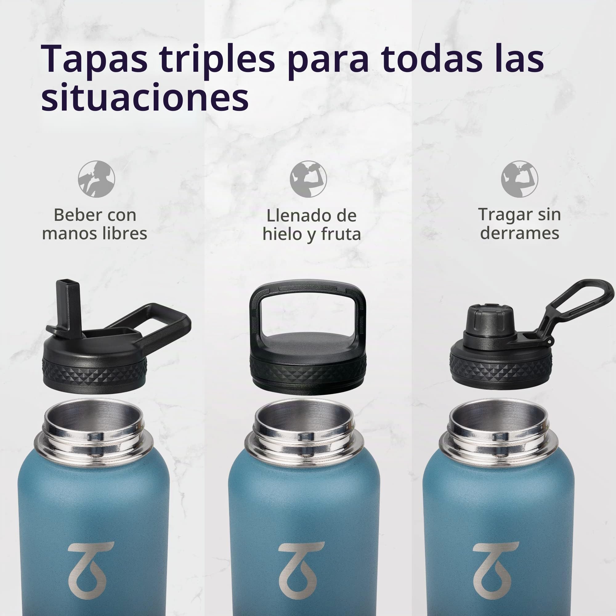Trebo Botella de agua aislada de 40 onzas con mango de paracaídas, jarra de agua de acero inoxidable de triple pared al vacío, retención de frío de 48 horas, termo a prueba de fugas sin BPA con 3