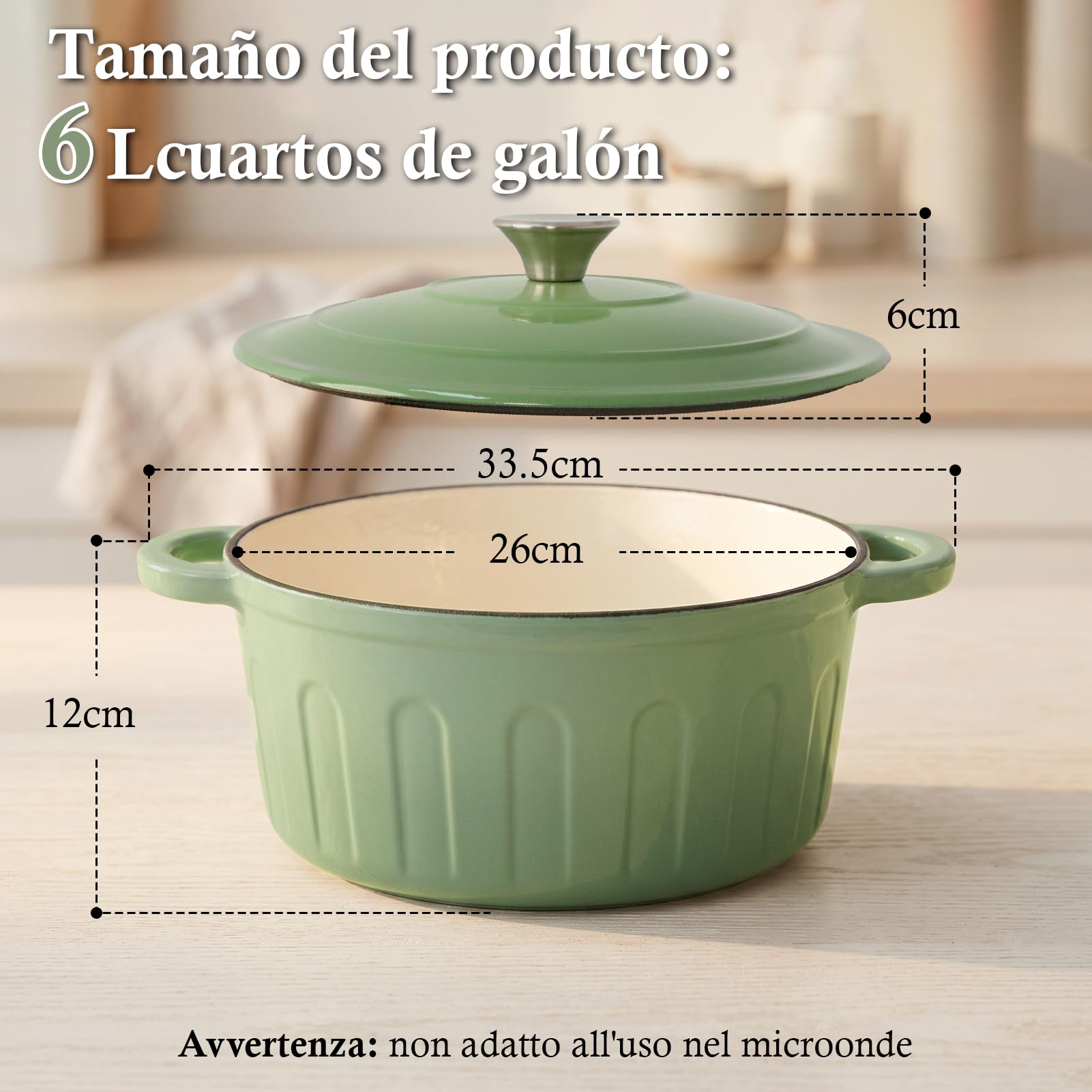 LZDMY Olla Hierro Fundido Redonda 6 Litros, Cazuela Hierro Fundido con Tapa | Cacerola Holandesa de Esmaltado Antiadherente, Olla para Pan, Ollas de Cacerola para Horno, Apto Todas las Placas(Verde