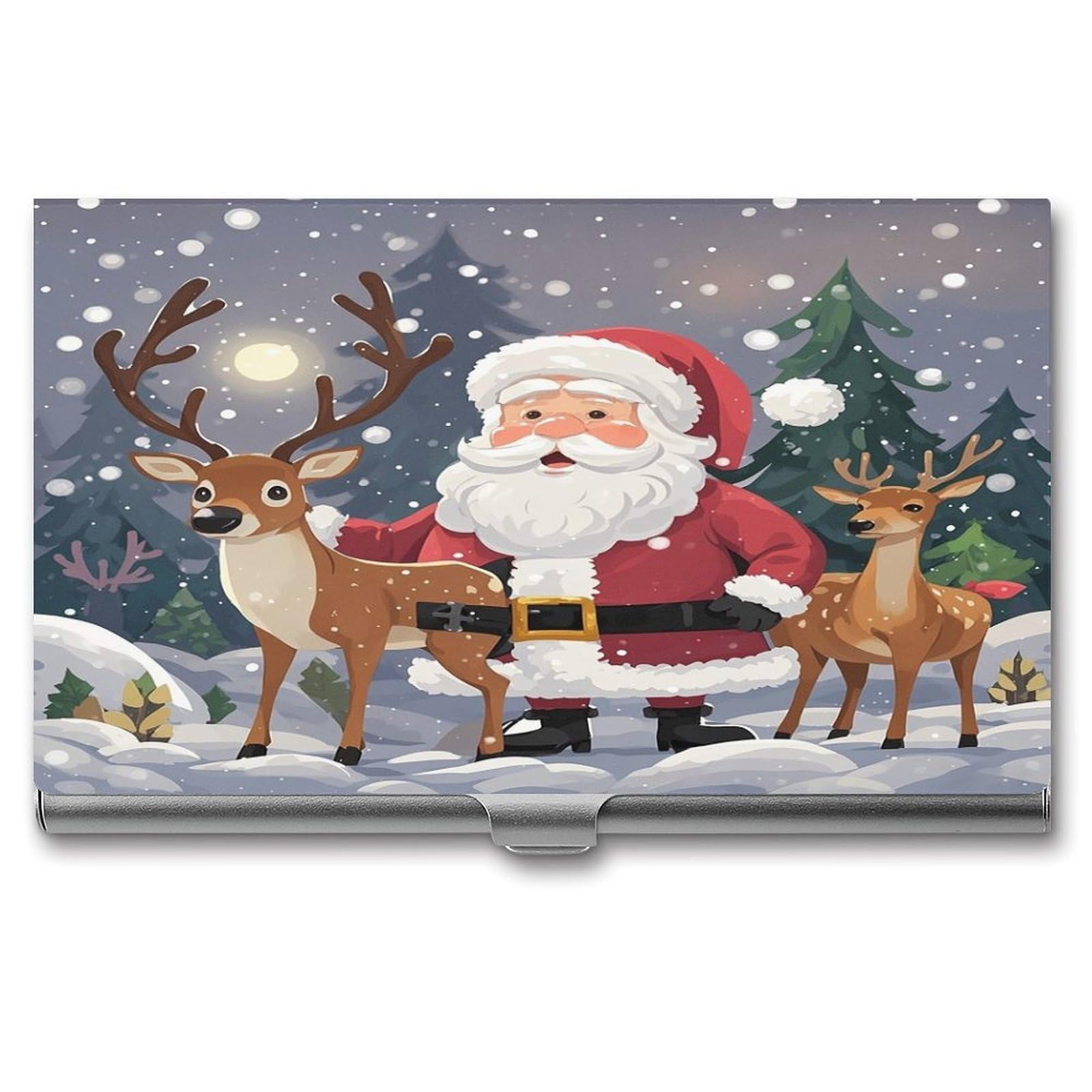 FekiLoot Santa Claus And Deer Elk Business Card Holder for Men Women Metal Slim Organizer Business Card Carrier Wallet Name Cards Holder Retro Slim Pocket Purse Small Portable Card Case