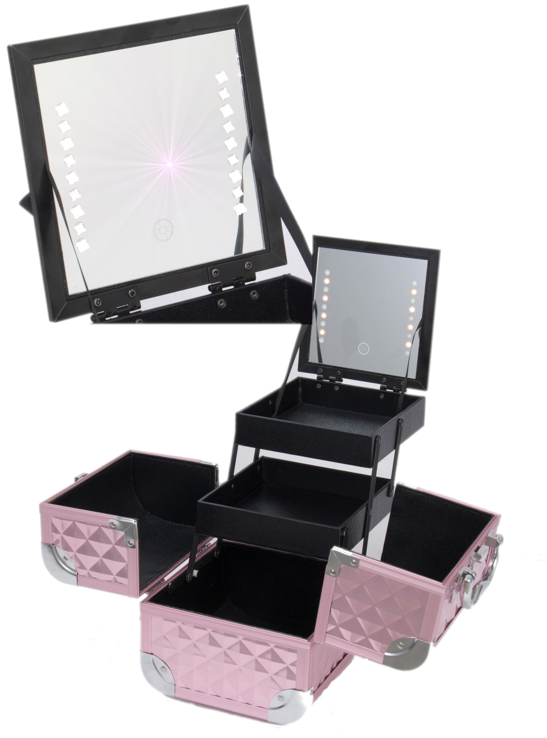 Belle Box ® Aluminium Makeup Organiser and Vanity case with Adjustable LED Mirror,Three Tier compartments and Lockable for Safe Storage of All Your Beauty Products