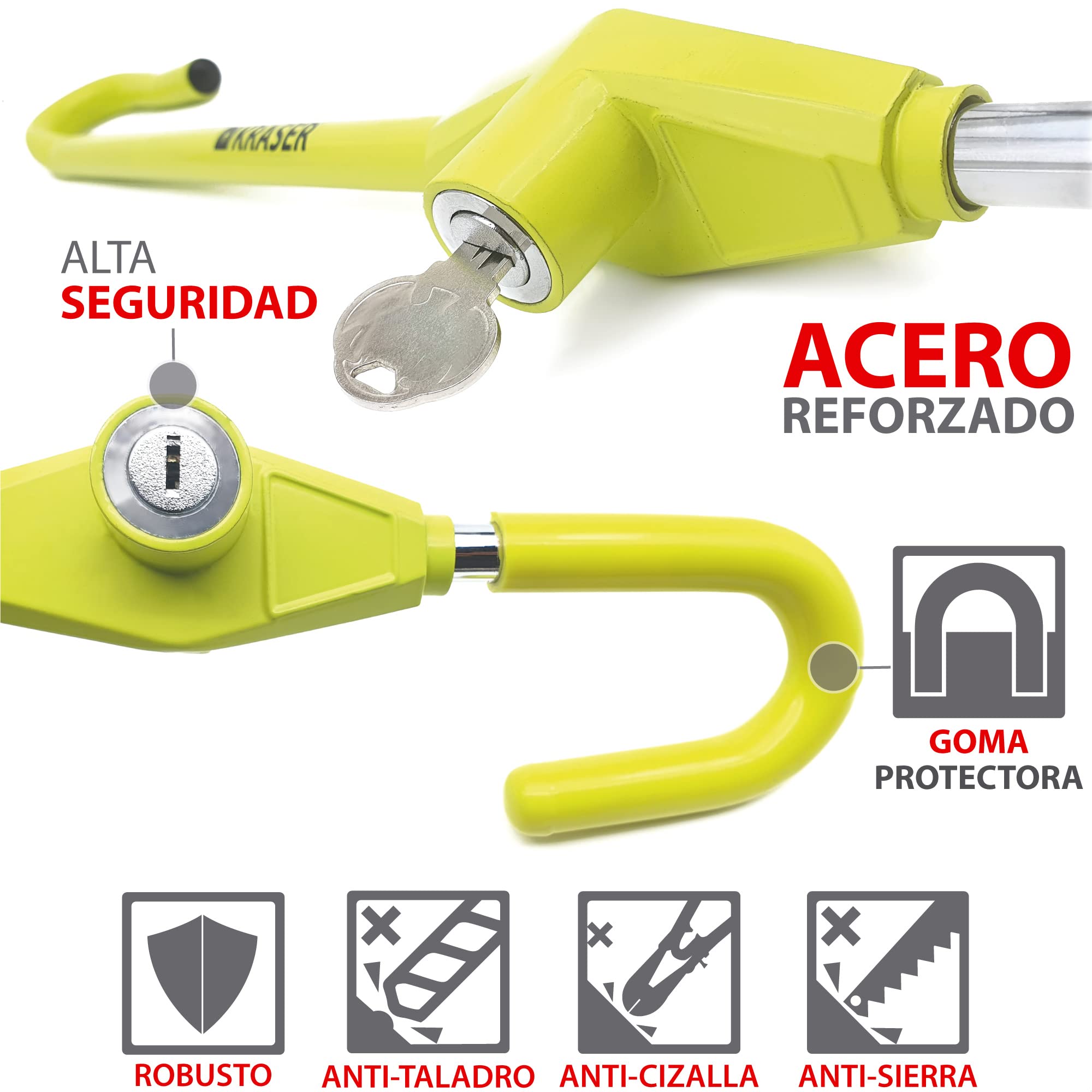 KRASER KR835 Antirrobo Coche Volante Pedal, Barra Amarilla Alta Visibilidad, Cierre Seguridad en Acero, Ajuste Gancho Más Extensible, Cepo Coche Universal Autocaravana Furgoneta