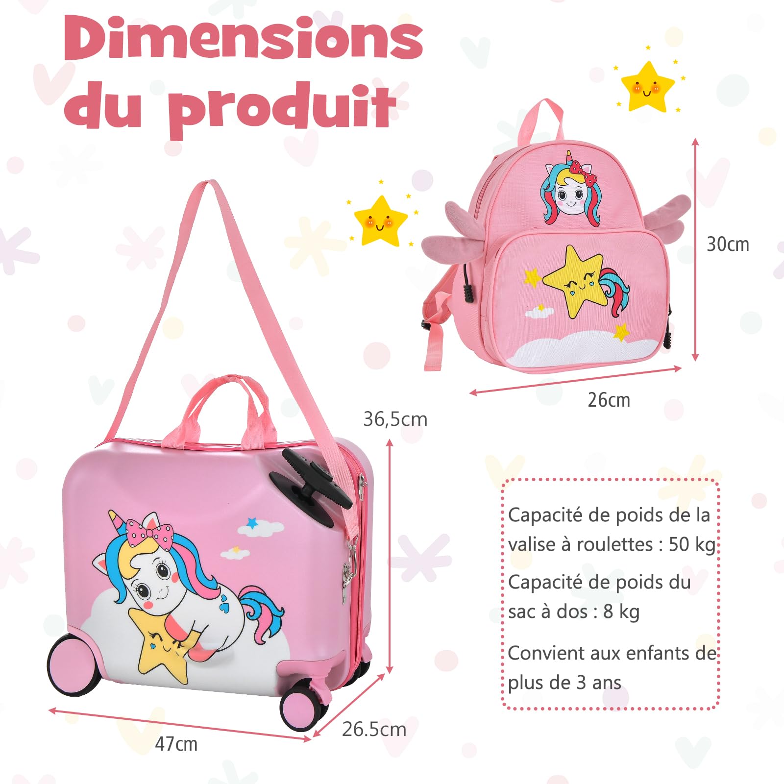 GOPLUS Valise Enfant Fille Garçon, Valise Enfant à roulettes 18" & Sac à Dos 12", Bagage Voyage Enfant d'Assise avec Repose-Pieds, Surface Étanche, Poignée Réglable, Motif Licorne Rose, Charge 50/8KG
