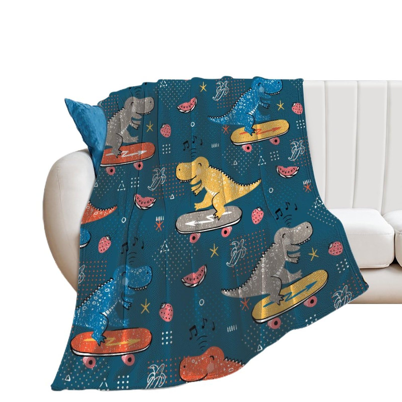 Couverture polaire dinosaure en skate pour lit et canapé enfant 100x130cm