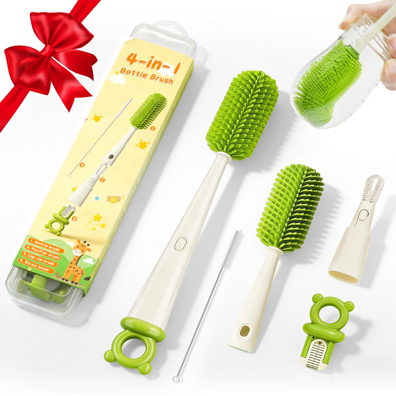 Flaschenbürsten-Set, Babyflaschen-Reinigungsset mit Silikonbürste, Nippelbürste, Strohhalmbürste, 4 in 1 Flaschenreinigungswerkzeug für Zuhause und unterwegs