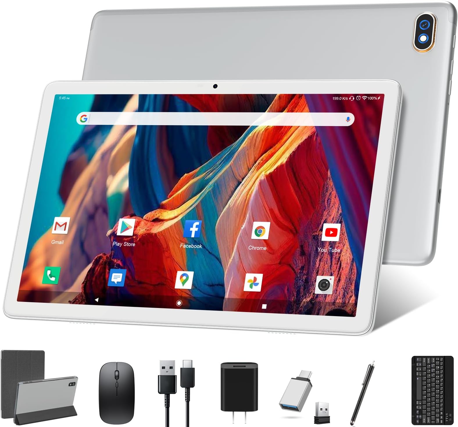 Tablet 10.1 Inch 128 Storage+1TB Expand 2 in 1 Android Tablets, Tablet with Keyboard Case Mouse, 5G Dual WiFi, GPS, Octa Core, HD Touchscreen,13MP Dual Camera, Bluetooth, 7000 mAh Battery -Silver