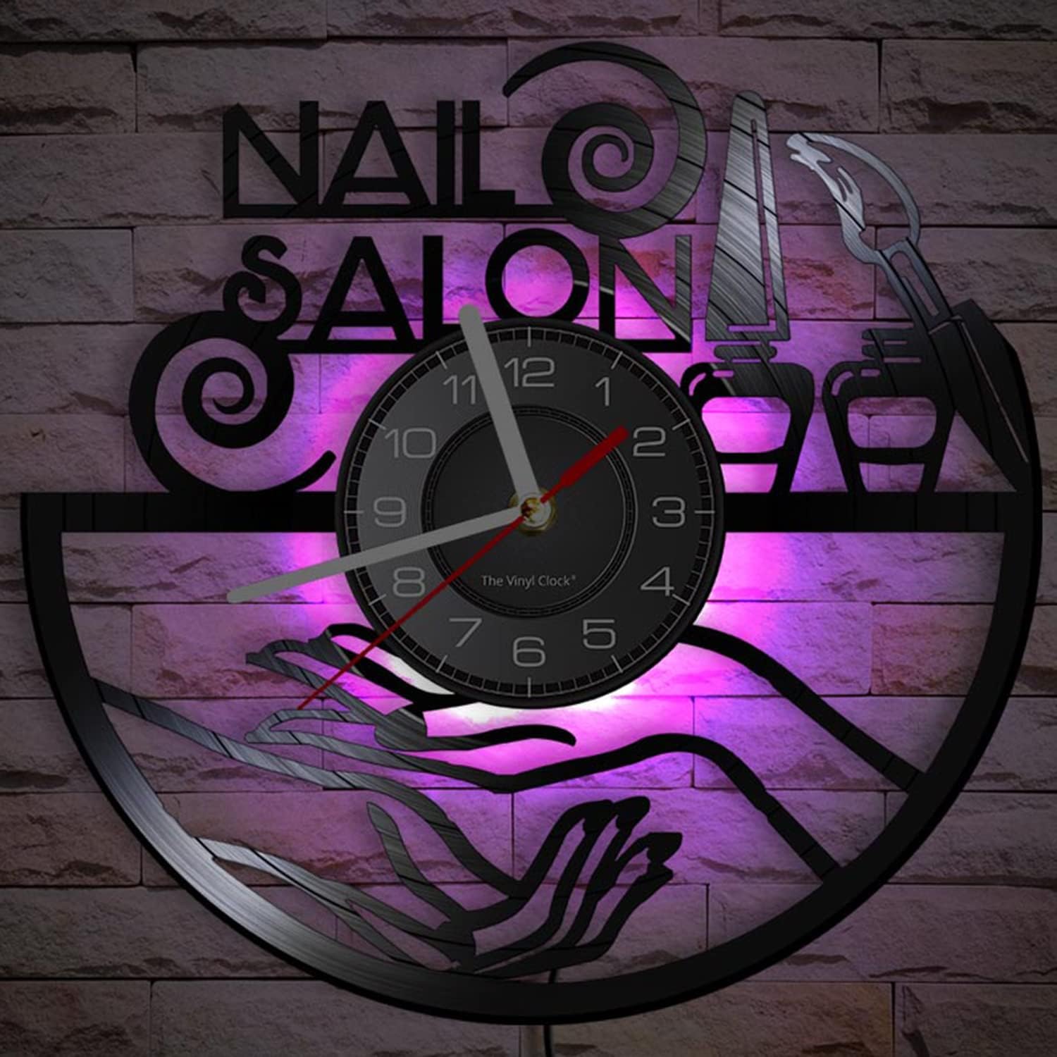 12'' Nail Salon LED Vinyl Record Wall Clock with 7 Colors Changing for Beauty Nail Salon Wall Decor, Decorative Window Sign Silent Quartz Hanging Night Light Wall Clock Watch Gift for Girls