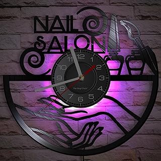 Timethink 12' Nail Salon LED Vinyl Record Wall Clock with 7 Colors Changing for Beauty Nail Salon Wall Decor, Decorative Window Sign Silent Quartz Hanging Night Light Wall Clock Watch Gift for Girls