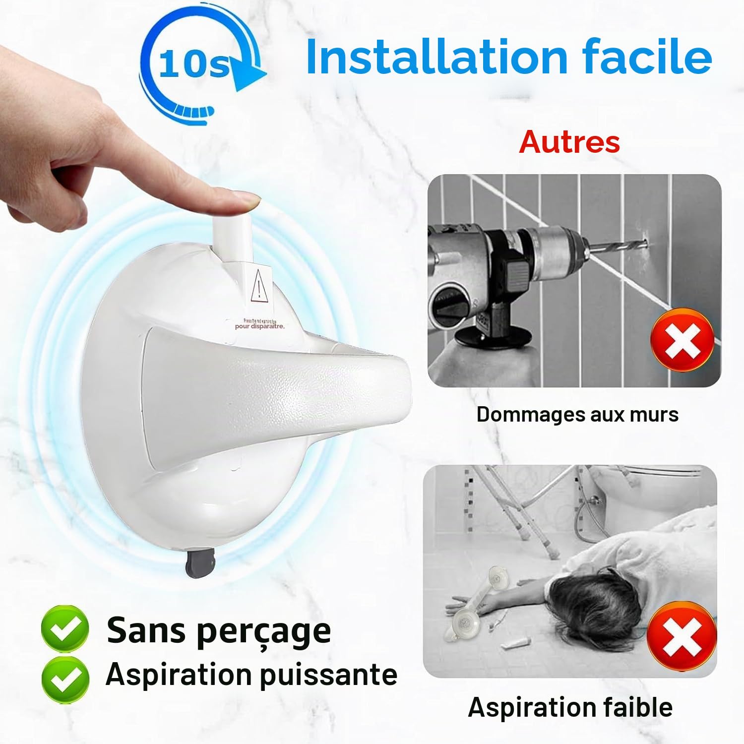 Lot de 2 barres d'appui de douche améliorées pour baignoires et douches, poignée de douche extra forte de 189,6 kg, barres d'appui de sécurité robustes pour personnes âgées/personnes âgées, blanc