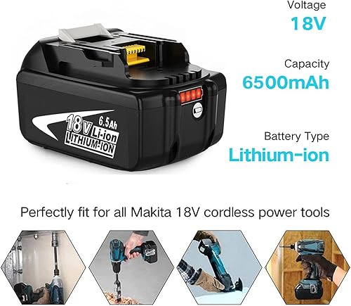 Miniatura 4 de 2 paquetes de repuesto de litio de 6.5 Ah para batería de 18 V compatible con batería de 18 voltios BL1860 BL1820 1830B 1840B 1850B