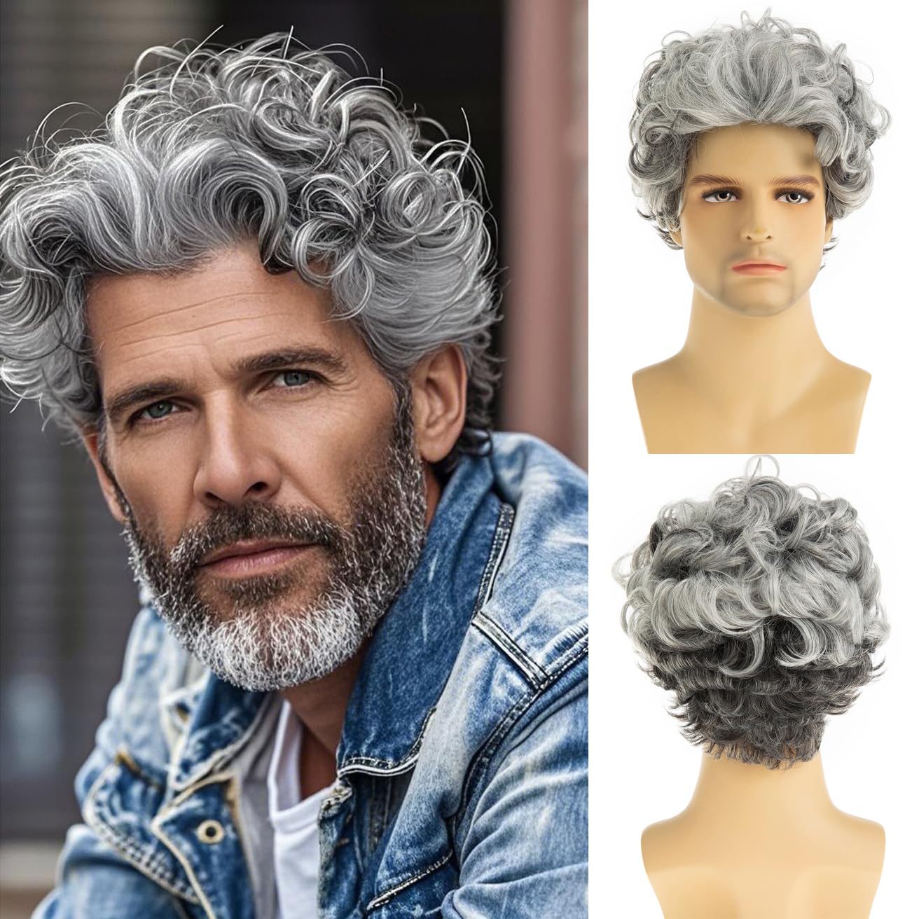 Dsimeig Herren Perücke Grau Weiß Kurze Curly Wellig Cosplay Haar Perücken
