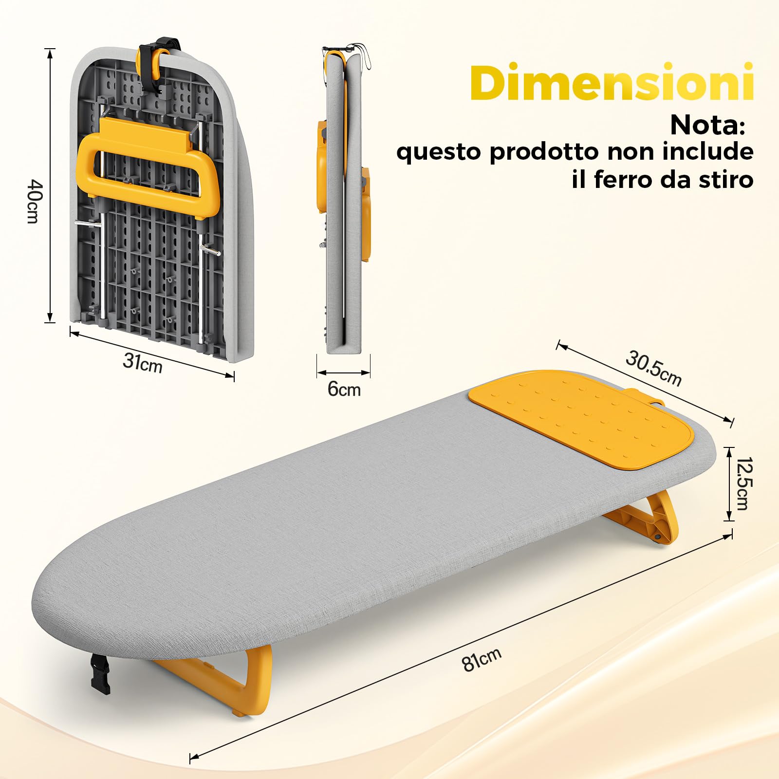 KINGRACK Asse da stiro, con cuscinetto isolante, pieghevole, Grigio