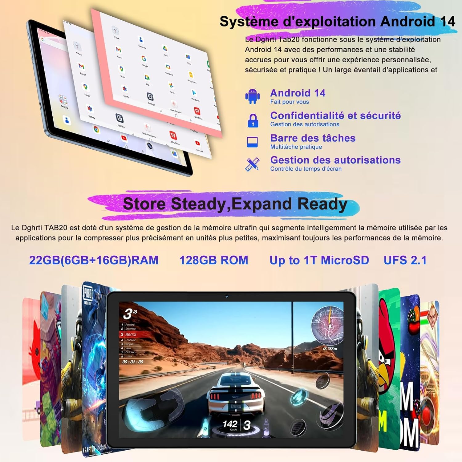 Dghrti Tablet 10 Pulgadas Android, 22GB RAM+128GB ROM (1TB TF), Octa-Core, 8000mAh, Widevine L1, Dual WiFi, BT 5.0, Face ID, 5MP+8MP, con Carcasa MetÃlica, Teclado y Ratón-Grey — view 3