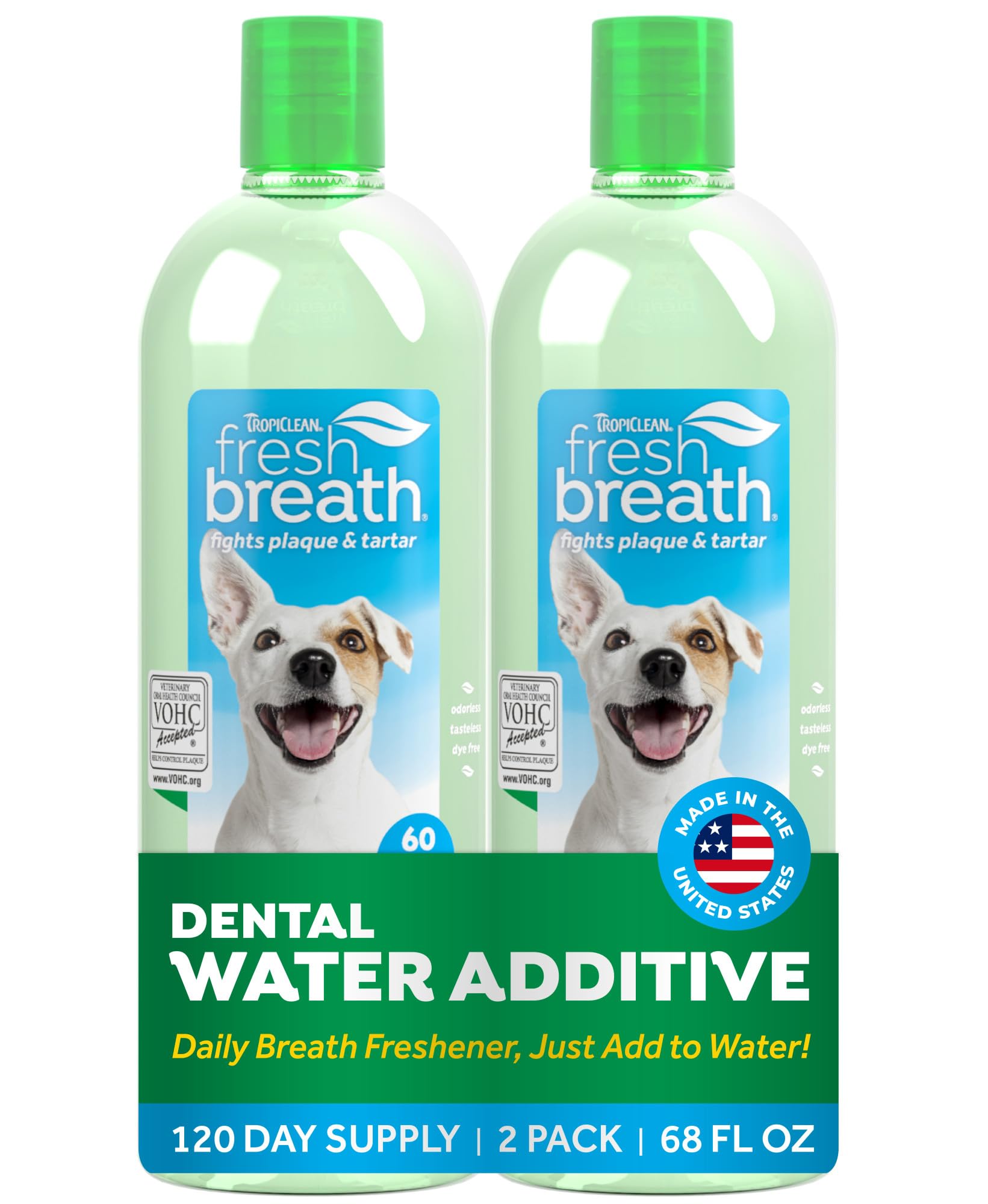TropiClean Fresh Breath Water Additive for Dogs 2-Pack, 33.8oz Each — Dog Breath Freshener & Teeth Cleaning Solution, Better Value for Daily Use