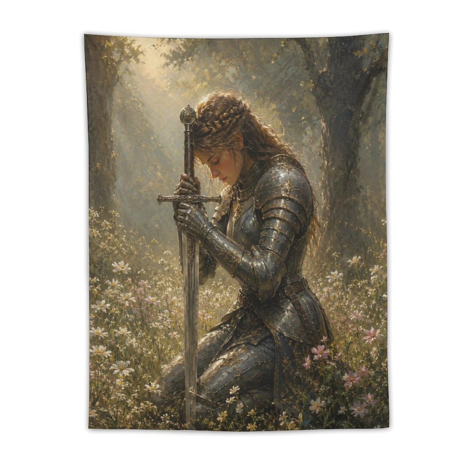 W7C8U2X3 Medieval Female Knight Forest Wall Tapestry, Heroic Sword