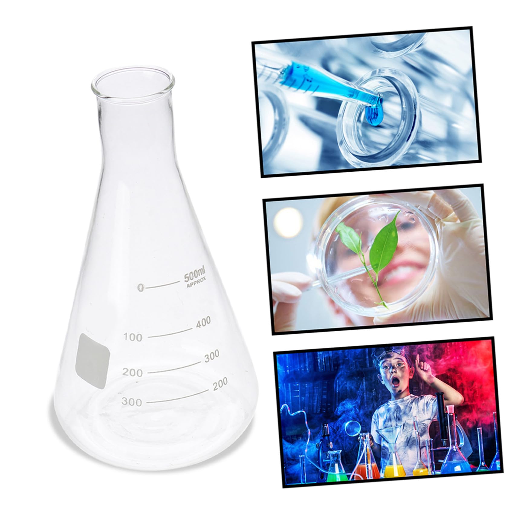KOMBIUDA Matraz Erlenmeyer Cónico de Vidrio de Borosilicato 500 Ml, Set de 4 Piezas Espesado para Cristalografía de Laboratorio, Herramienta para Experimentos Escolares y Estilo Aleatorio