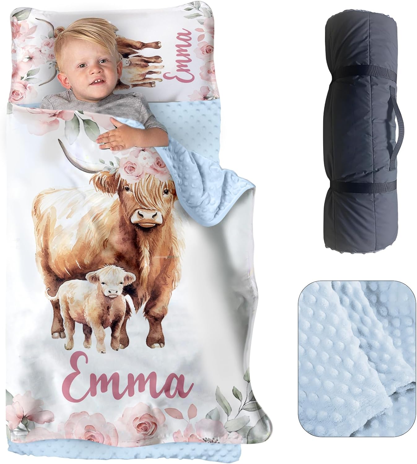 Personalized Toddler Nap Mat for Preschool, Custom Name Kids Nap Mat with Pillow Cover and Soft Dot Minky Blanket, Daycare Nap Mats, Rolled Slumber Bags Easy to Carry