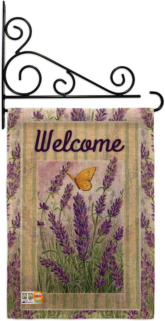 Lavender Burlap Garden Flag Set Wall Holder Floral Sunflower Tulip Rose Orchid Lilies Season Springtime Flower Wreath Small Decorative Gift Yard House Banner Double-Sided Made In USA 13 X 18.5