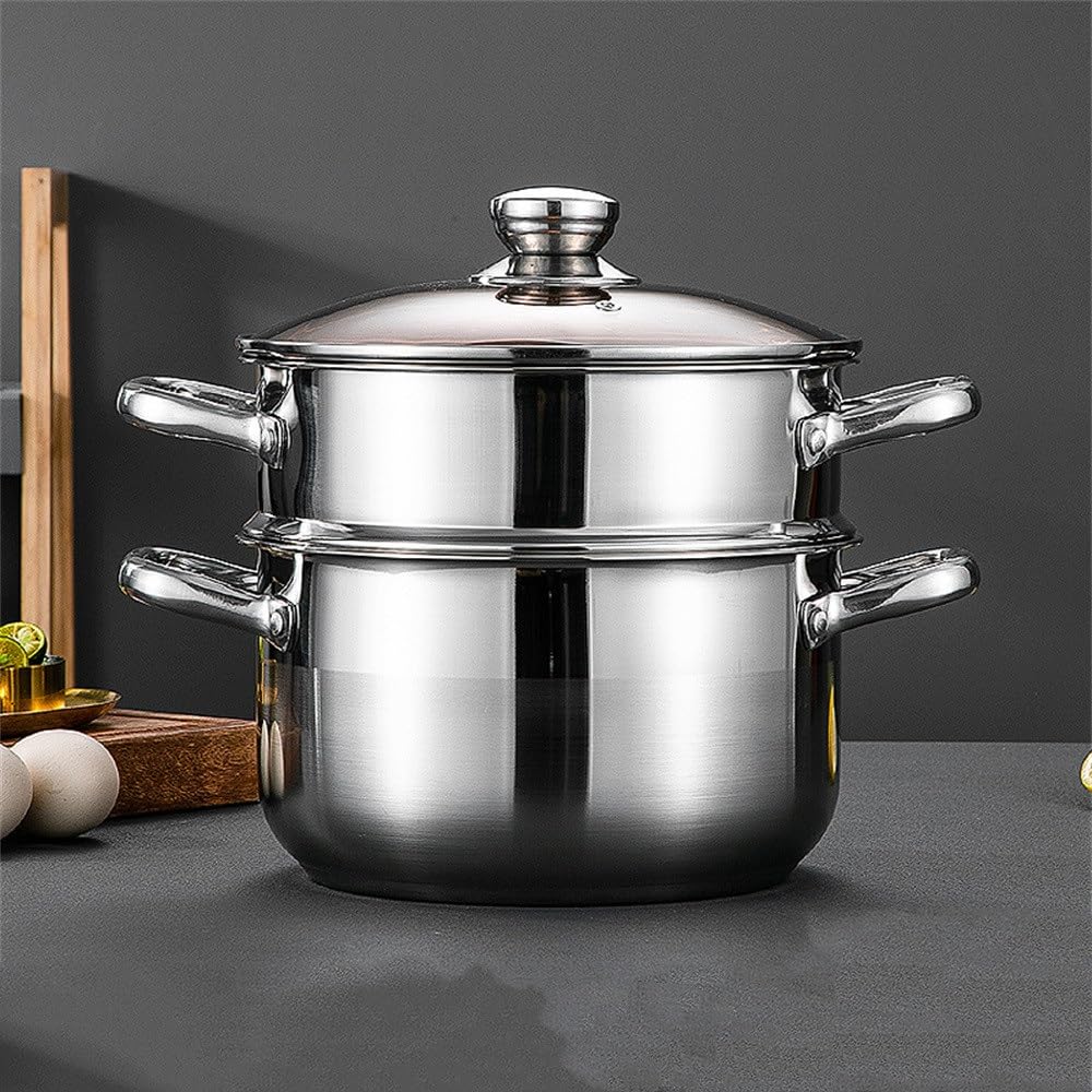 Pentola per cottura a vapore per Uso domestico, fornello a induzione, fornello a Gas, pentola per cottura a vapore in Acciaio inossidabile (Argento 24 cm)