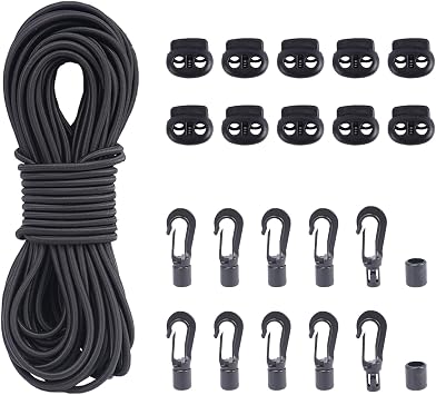 20M Bungee Cords with Hooks 5MM Elastic Rope with 10pcs Bungee Shock Cord Hooks and 10pcs Plastic Clips for Drawstrings, Heavy Duty Elastic Rope for Tarpaulin Trailer Backpack Tene Luggage