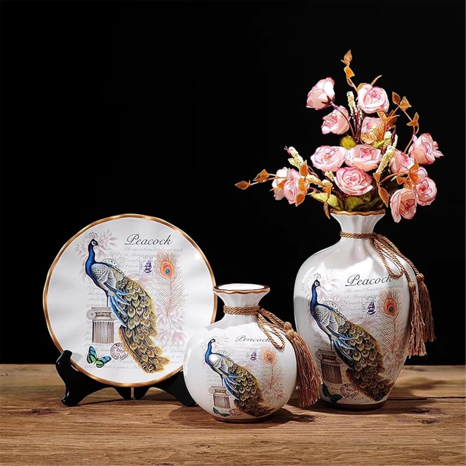 Europäisches Retro-Keramik Deko-Set mit Pfauenmotiv, 3-teilig mit Vasen und Teller, Vintage-Stil Wohnzimmer Dekoration