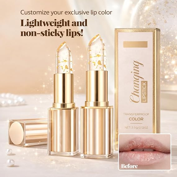 2Pcs Colour Changing Lipstick,PH Adjusting Lipstick with Gold Foil,Transfer Proof, Long Lasting, Moisturizing Lip Balm, Glossy Shine, 24H Hydrating, Temperature Sensitive Lipsticks for Women