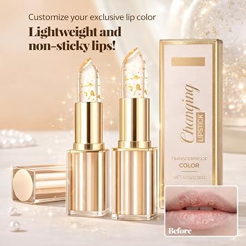 2Pcs Colour Changing Lipstick,PH Adjusting Lipstick with Gold Foil,Transfer Proof, Long Lasting, Moisturizing Lip Balm, Glossy Shine, 24H Hydrating, Temperature Sensitive Lipsticks for Women