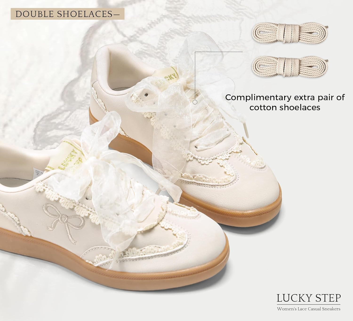 LUCKY STEP Women’s Lace Detail Casual Sneakers Organza Ribbon Lace-Up Fashion Vintage Gum Sole Trendy Cute Shoes