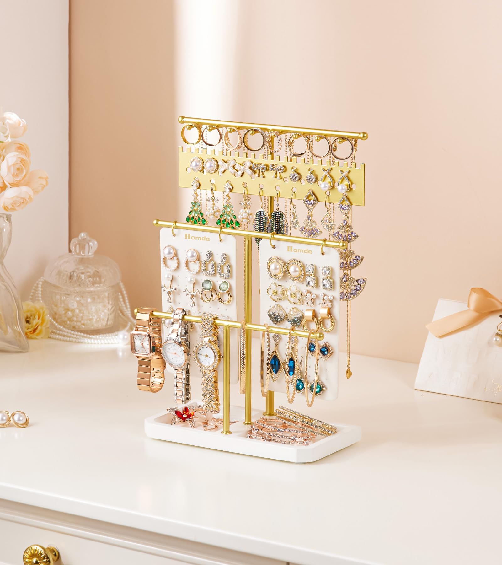Homde Jewelry Stand Gold for Vanity: Elegant Space Saving Jewelry Holder Organizer for Fashion Women - Large Earring Tree Holder