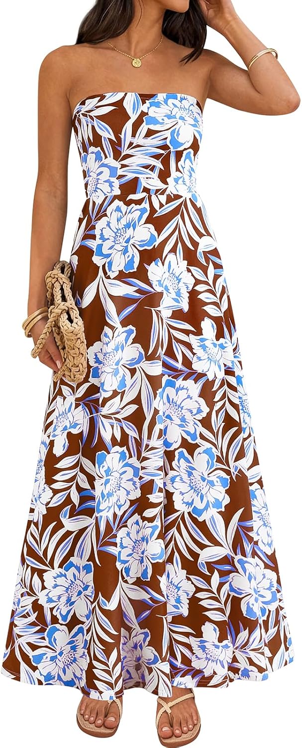 PRETTYGARDEN Sleeveless Floral Summer Maxi Dresses for Women 2026 Tube Top Flowy Long Dress Tropical Beach Vacation Clothes