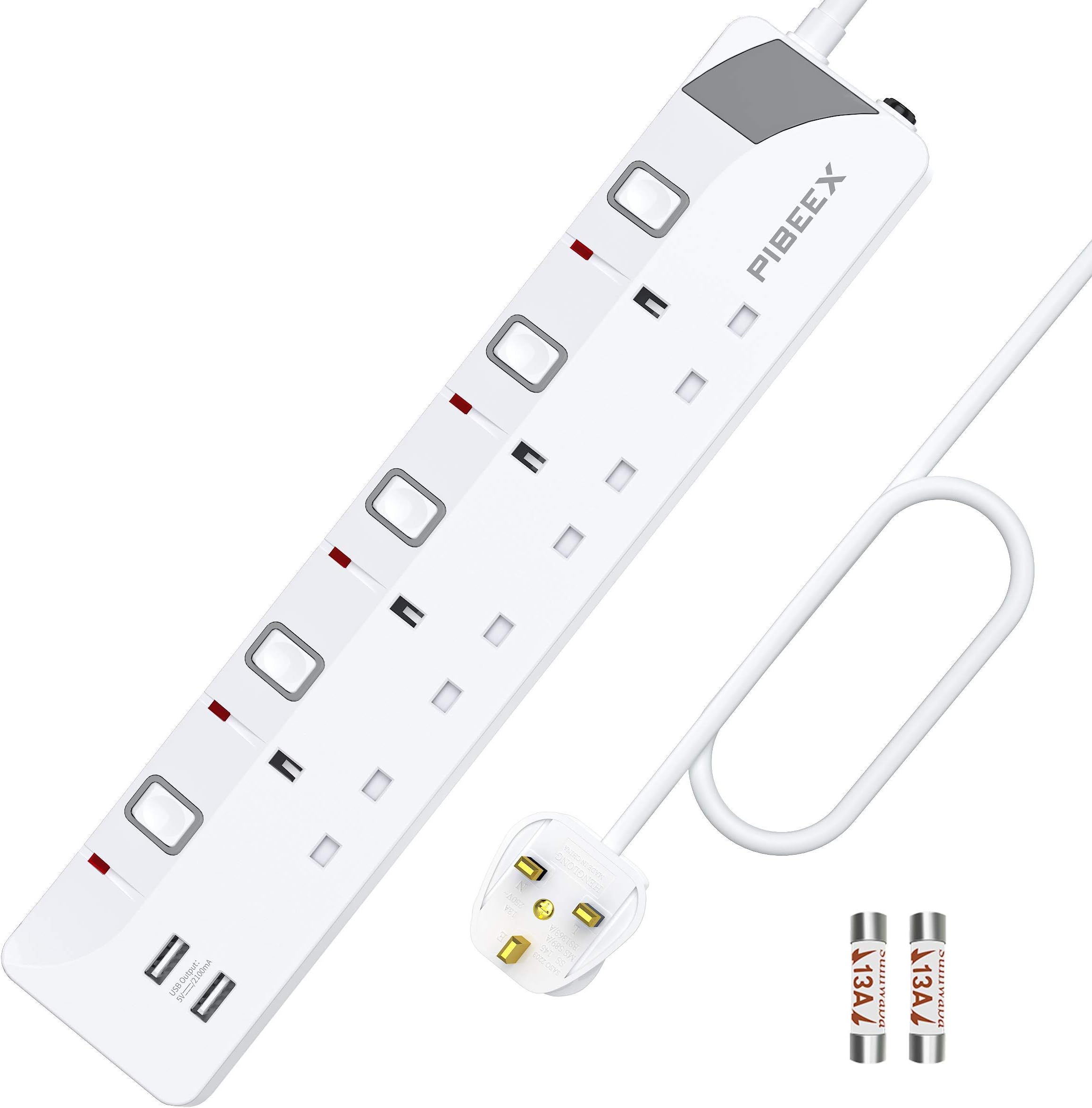 Extension Lead with 4 Way Plug Sockets, Wall Mountable Extension Socket with Individual Switches and 2 USB Charging Ports, 13A 3250W, 2M Extension Cord