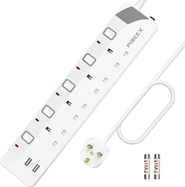 PIBEEX Extension Lead with USB Slots 13A 4 Way Plug Sockets with Individual Switches 2 USB Ports Extension Cord Mountable Power Strips with 2M extension cable 3250W