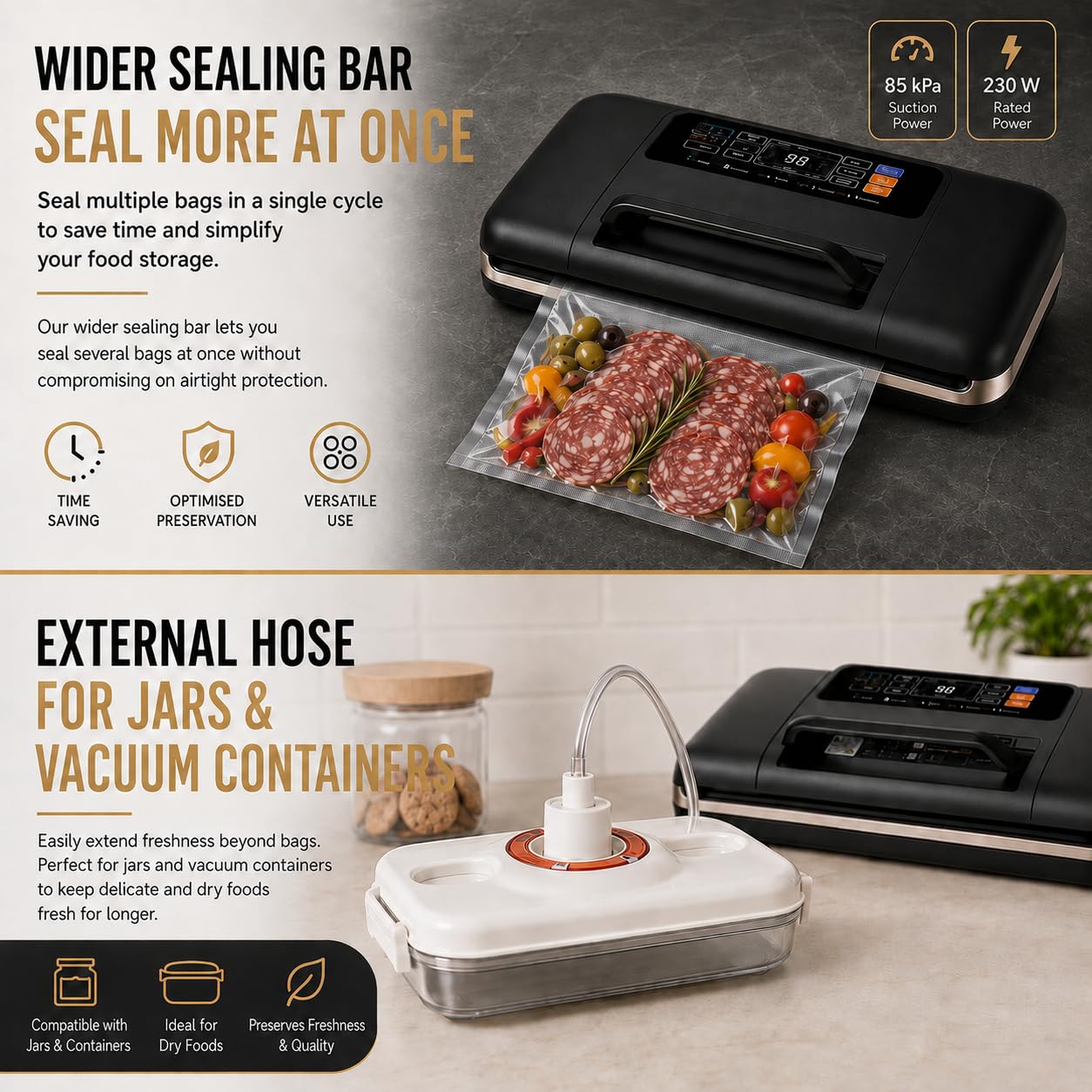 KinZon Machine Sous Vide Alimentaire Automatique, Appareil de Mise Sous Vide avec Affichage Numérique, Double Soudure, Coupeur Intégré, Modes Sec/Humide,10 Sacs Inclus
