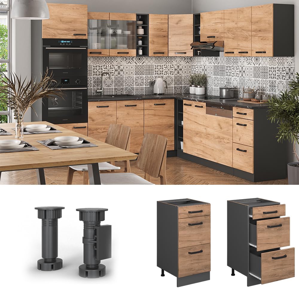 Vicco Mueble bajo de Cocina R-Line, Roble Dorado, 40 cm con cajones, sin encimera, para combinación Libre Dentro de Sistemas de Cocina modulares