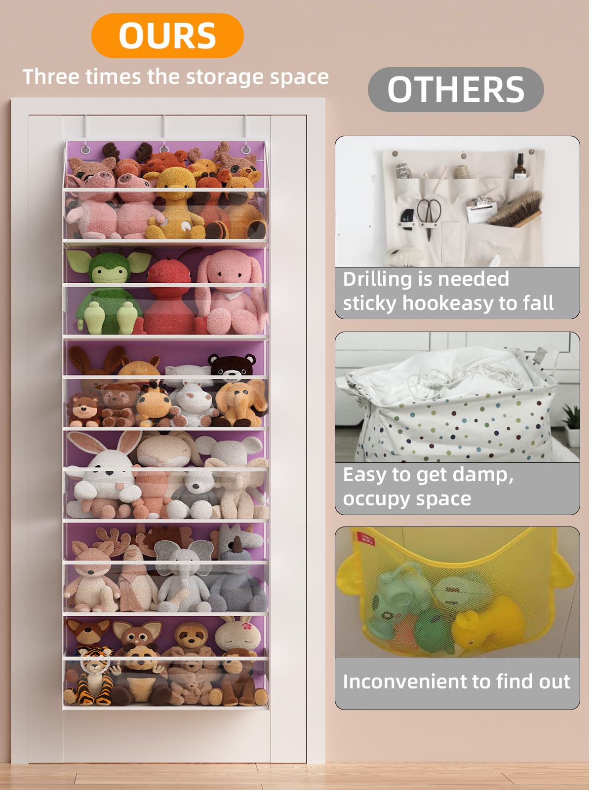Türhänger-Organizer – 6-stöckige Aufbewahrung für Kuscheltiere, Badezimmer-Organizer und Aufbewahrung, schwingsicherer Hängeorganizer für Spielzeug/Babyartikel (Pink)