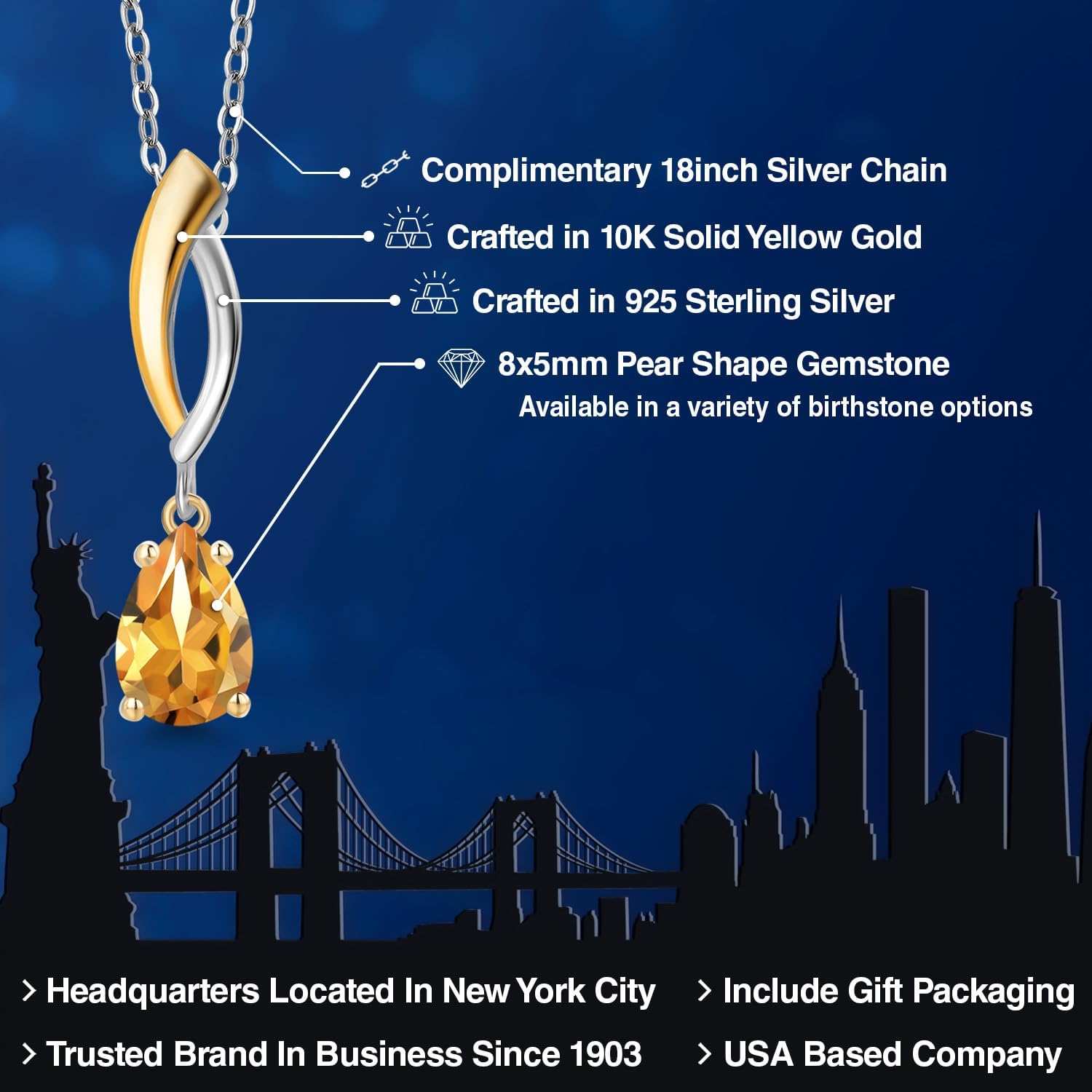 Gem Stone King 925 Silver and 10K Yellow Gold Yellow Citrine Pendant Necklace for Women | 0.73 Cttw | Gemstone November Birthstone | Pear Shape 8X5MM | With 18 Inch Silver Chain - Image 2