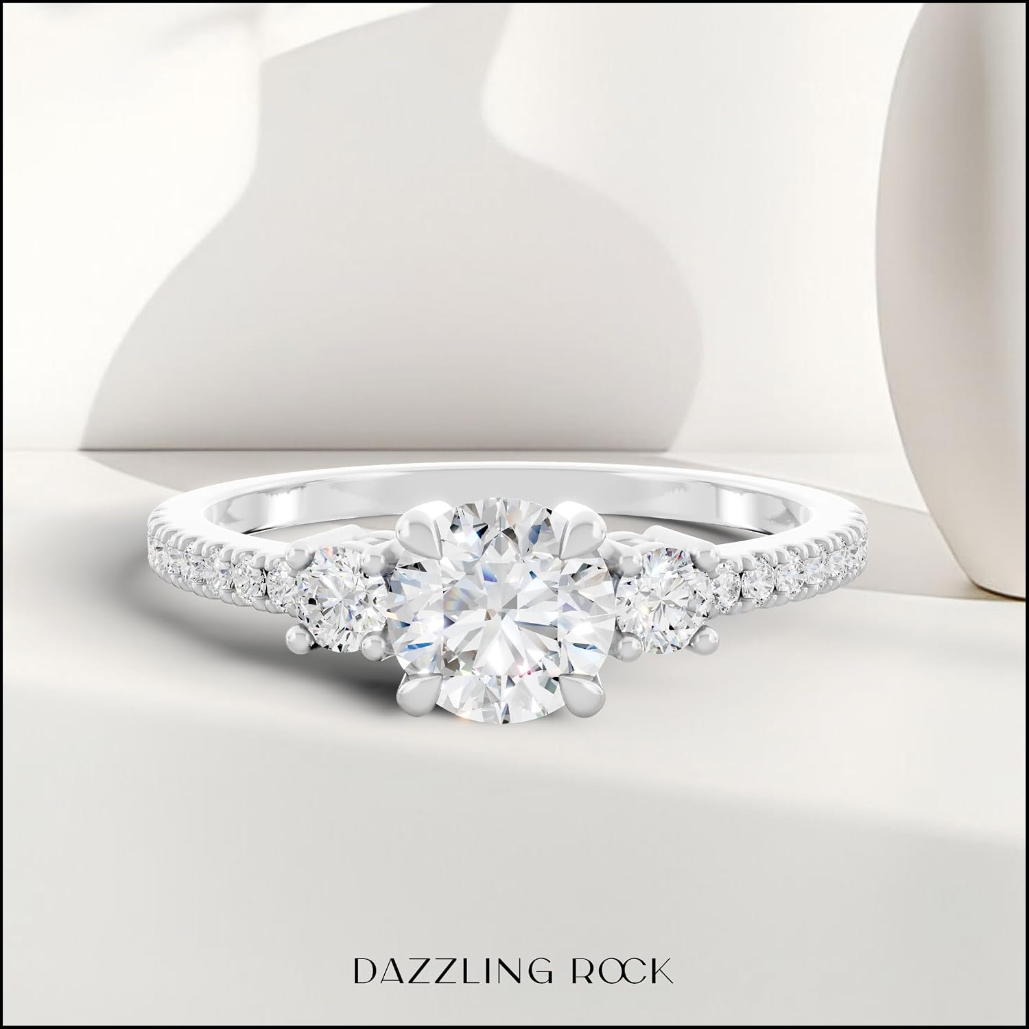 Round Lab Grown White Diamond Classic Three Stone Engagement Ring for Women in 925 Sterling Silver