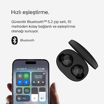 Belkin SOUNDFORM Bolt, Gerçek Kablosuz Kulaklıklar, Kablosuz Şarj, IPX5 Ter ve Suya Dayanıklı, USB-C, 28 Saate Kadar Pil Ömrü, iPhone, Galaxy, Piksel ve Daha Fazlası - Siyah