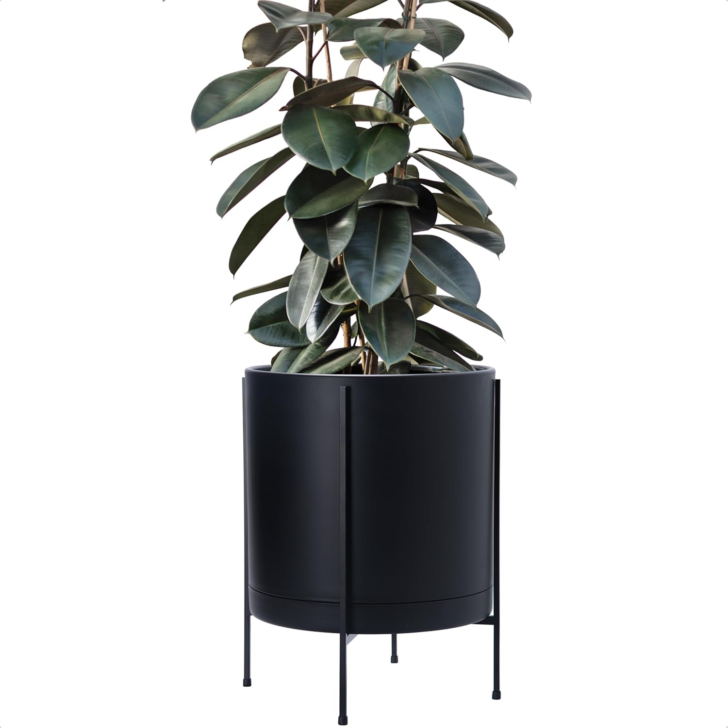 D'vine Dev 16 Inch Black Planter Pot with Stand – Modern Plastic Cylinder Flower Pot with Heavy-Duty Metal Stand for Indoor Plants, 55-D-B-5