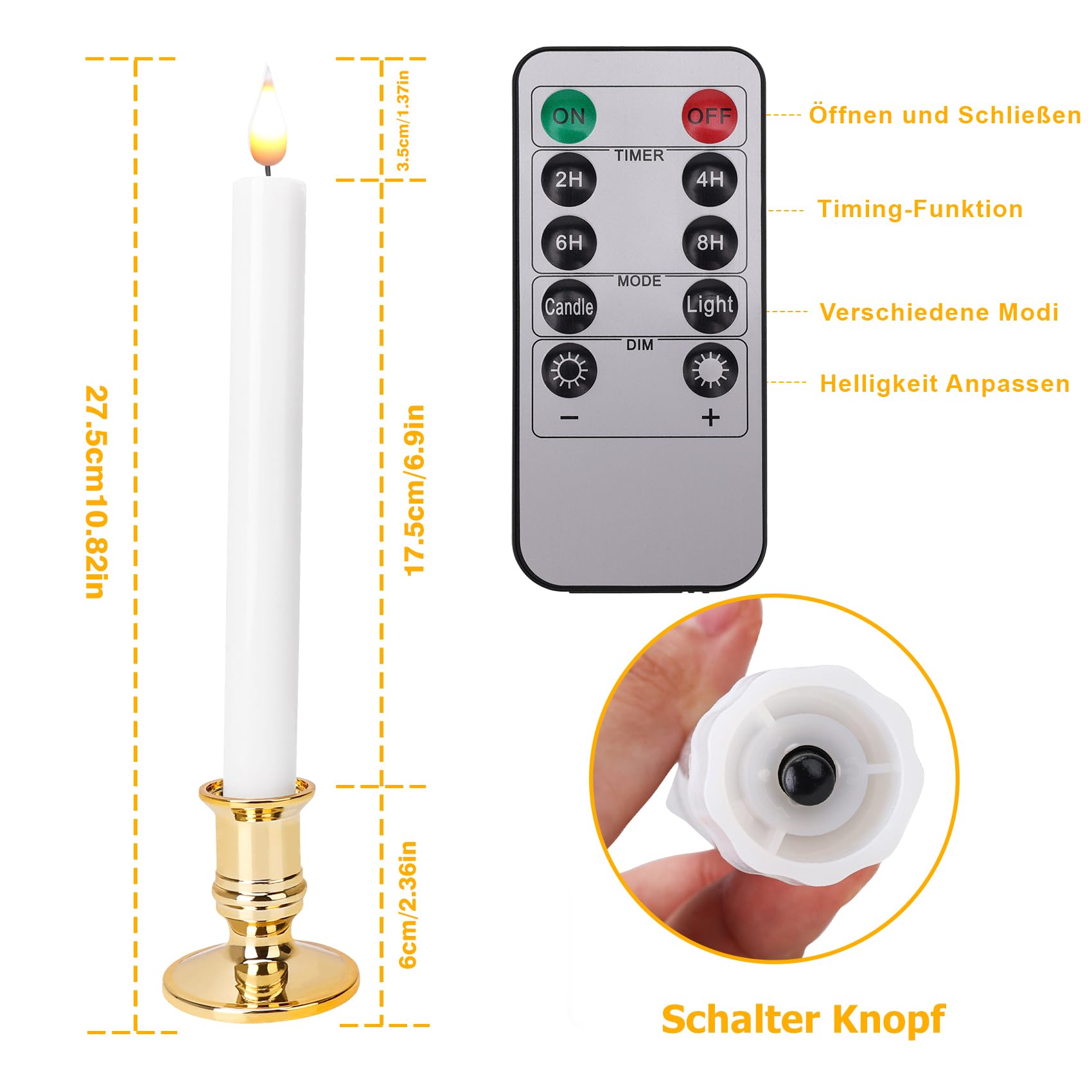 beek Candele a LED per finestra senza fiamma con telecomando, set da 10 candele a stelo a batteria, con portacandele dorate rimovibili, ideali come decorazione natalizia, luce di nozze