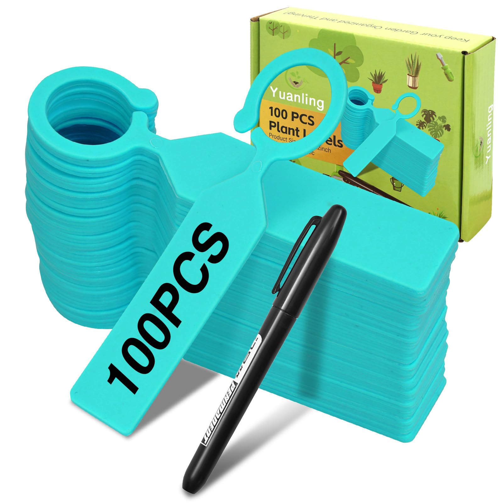 100 szt. etykiet na rośliny, plastikowe, wodoodporne zawieszki do drzewa, do przedszkola, ogrodnictwa, roślin, warzyw, kwiatów, doniczkowych (kolor turkusowy z 1 markerem)