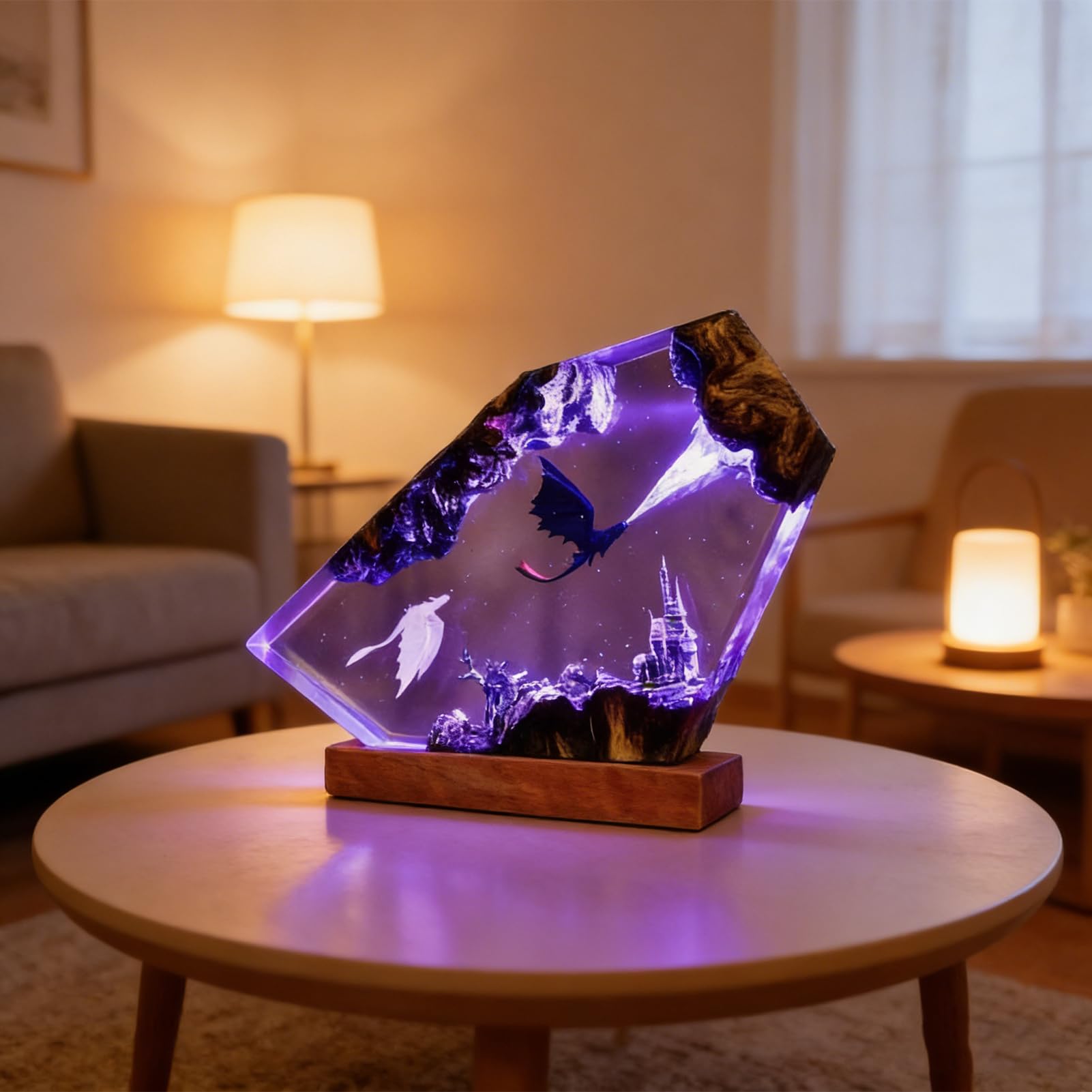3D Ozean Epoxidharz Nachtlicht,Harz-Ozean-Lampe,Ornamente mit Holzsockel,Dinosaurier, der Feuer speit,Nachttischlampe Schlafzimmerlampe mit USB-Kabel für Meeresliebhaber (Violettes Licht)