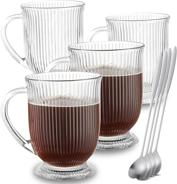NBABSR Ribbed Glass Coffee Mugs Set of 4 with Spoon,16 Oz Large Clear Glass Tea Cups with Handle Diner Latte Cups with Footed Base for Hot Beverages,Cappuccino & Espresso Cups, Stylish Drinkware