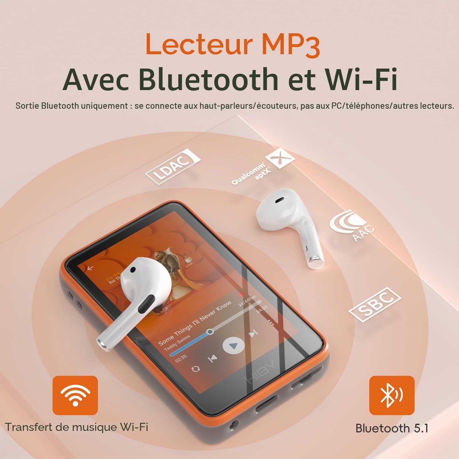 HiBy R1 Lecteur MP3 HiFi avec Bluetooth 5.1 Tidal Qobuz DSD 256 Lecteur de musique natif sans perte avec écran tactile/audio haute résolution/réglage MSEB/mémoire étendue 2 To