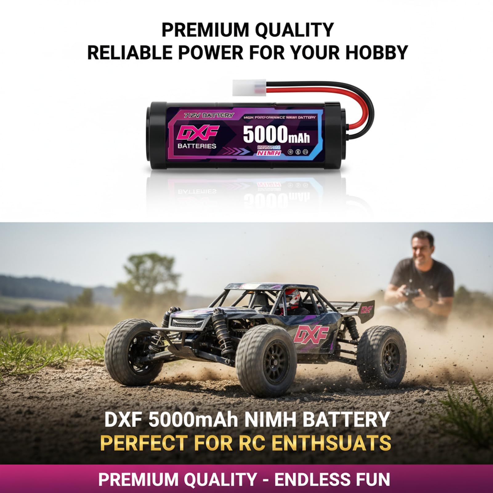 DXF Batería NiMH 7.2V 5000mAh con Conector Tamiya para Coches RC 1/10, Camiones, Barcos, Aviones y Helicópteros - Sin Efecto Memoria, Cable AWG#14 - Pack de 2 Unidades