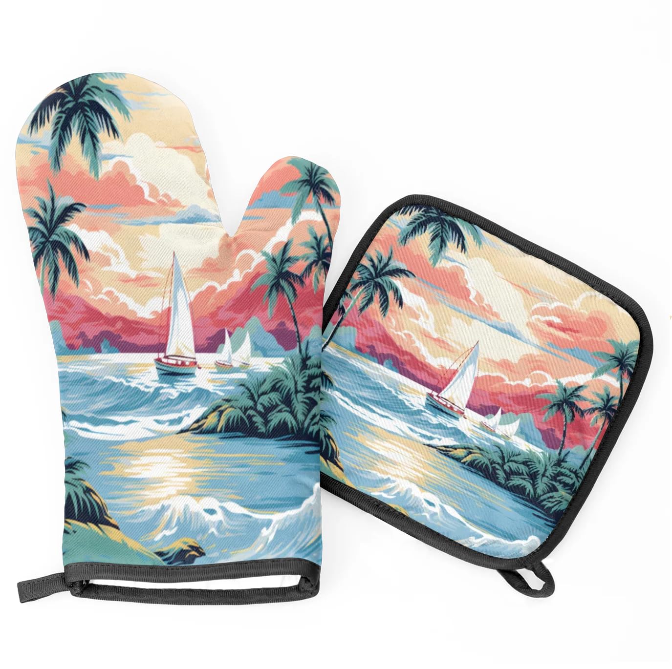 Sunset Sailing Coconut Tree Oven Mitts Kitchen Oven Gloves for Cooking Baking Heat Proof Lining Cotton Kitchen Potholder Mittens Pot Holders Hot Pads for Chef Women Men